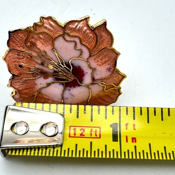 1980s Vintage Gold Tone Cloisonne Flower Clip-On Earrings Pink Mauve Enamel - Picture 2 of 7
